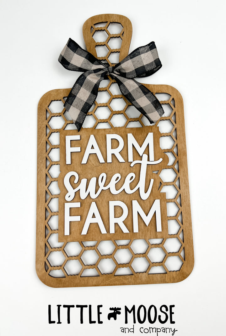 Farm Sweet Farm chicken wire cutting board