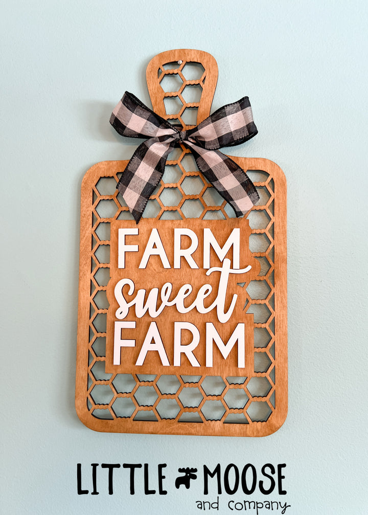 Farm Sweet Farm chicken wire cutting board