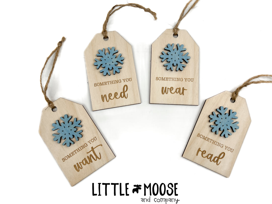 Tags - Want, Need, Wear, Read - snowflake and tree